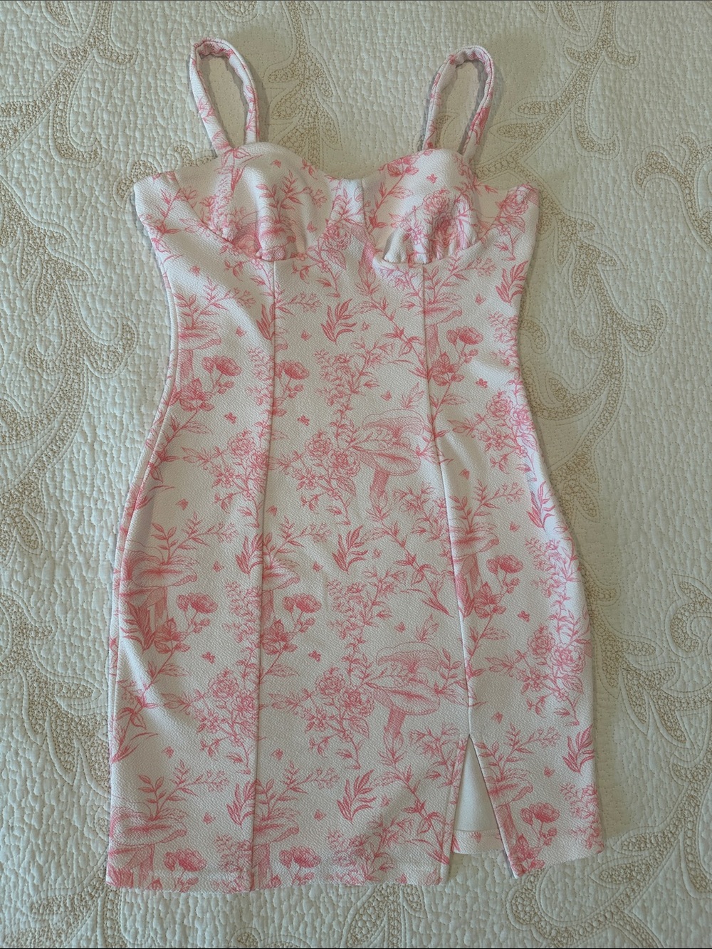 SHEIN White and Pink Floral Toile Mini Dress
